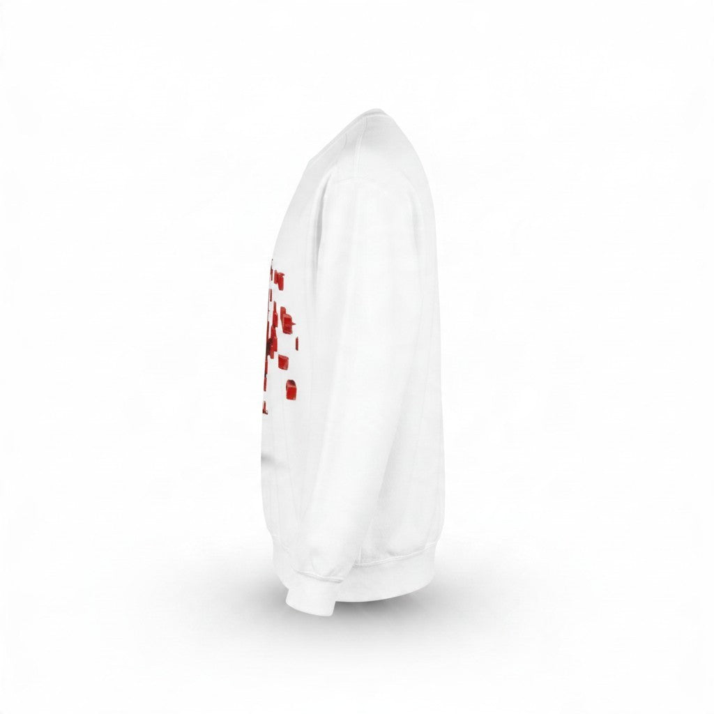 PURETE unisex white garment-dyed crewneck sweatshirt with red graphic print, side view of relaxed cotton-poly fleece.