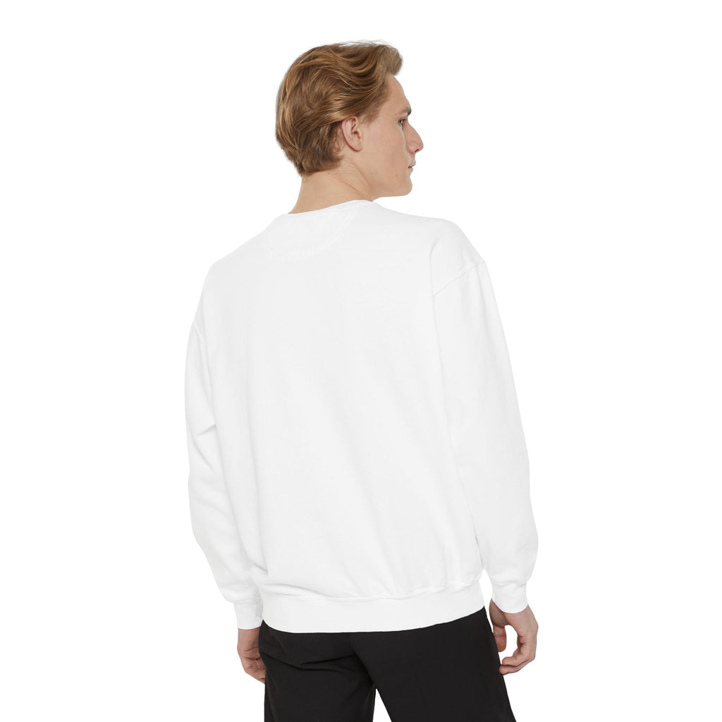 PURETE unisex white garment-dyed crewneck sweatshirt worn by a man, back view showing relaxed fit and fleece fabric.