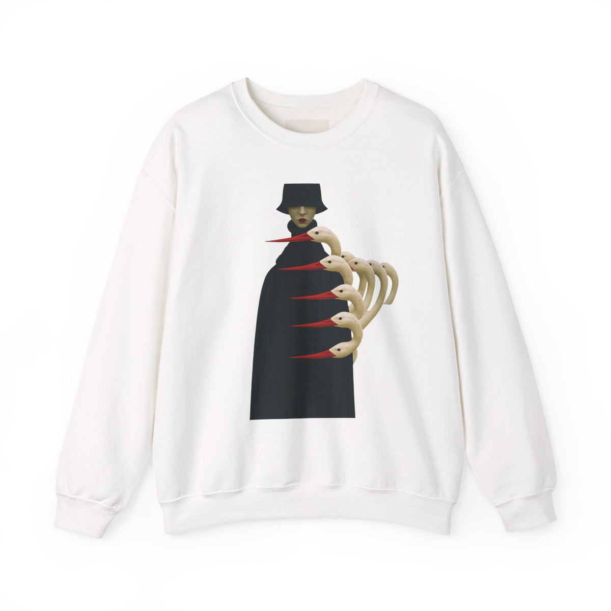 PURETE white crewneck sweatshirt featuring a gothic graphic of a cloaked figure with surreal bird-like skeletal hands.