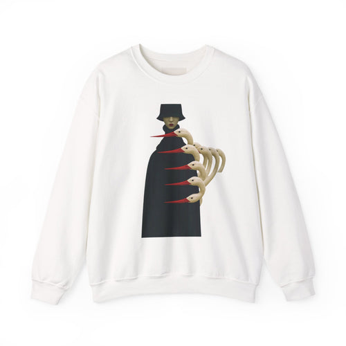 PURETE white crewneck sweatshirt featuring a gothic graphic of a cloaked figure with surreal bird-like skeletal hands.