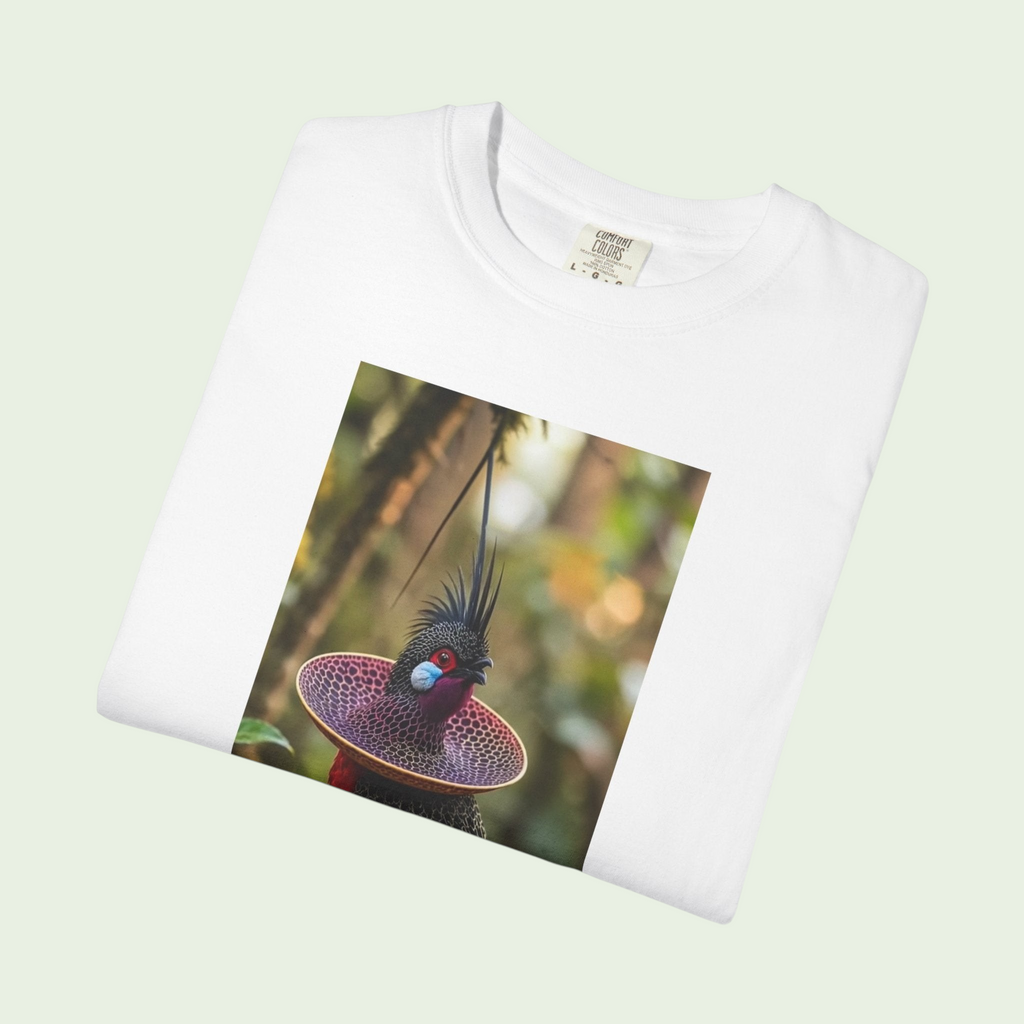 PURETE white heavyweight cotton t-shirt featuring a vibrant tropical bird graphic print on the chest