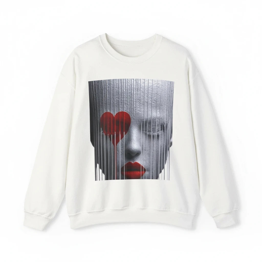 PURETE unisex white crewneck sweatshirt featuring a surreal graphic of a face behind bars with a red heart and lips.