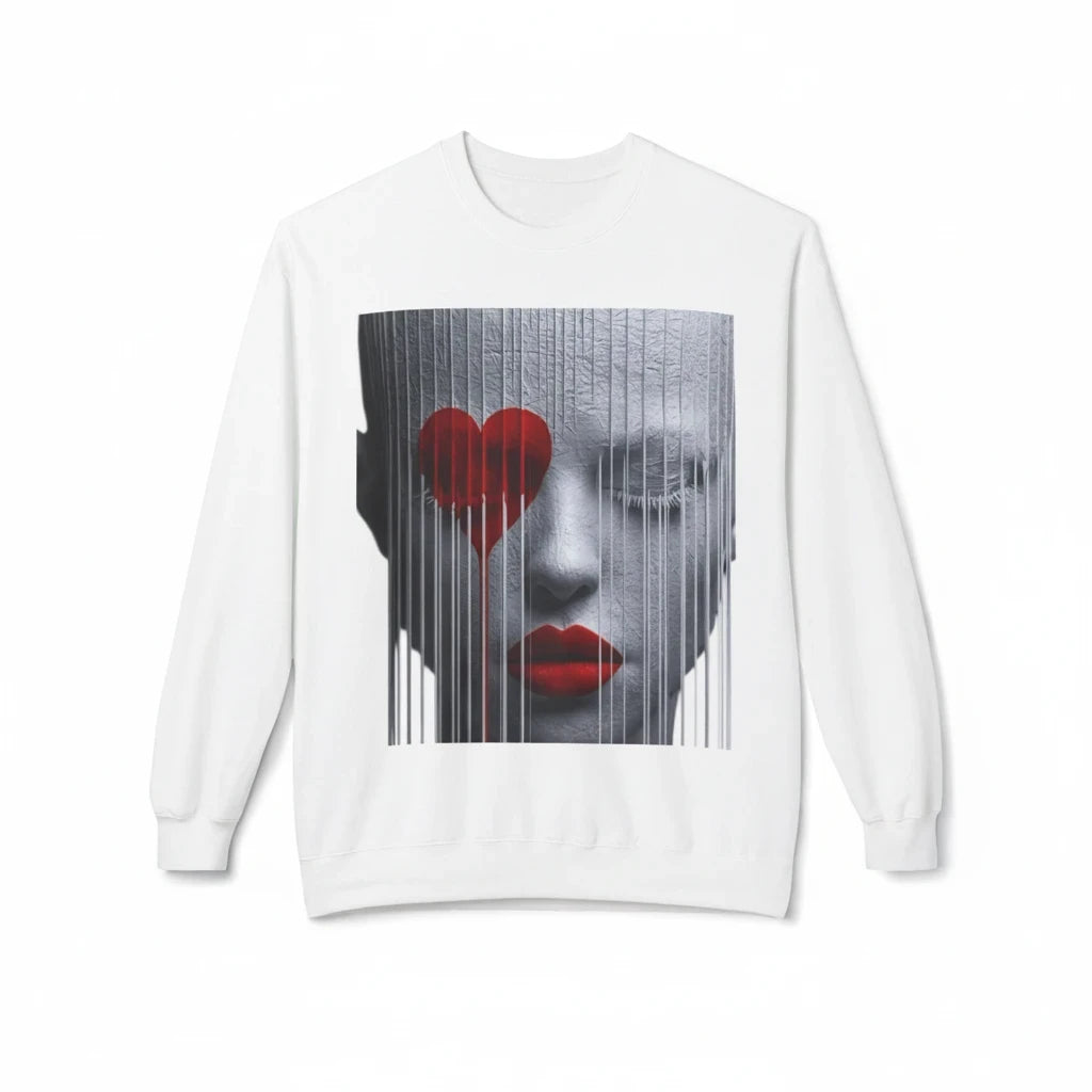 PURETE white unisex crewneck sweatshirt featuring a graphic print of a face with red heart and lips behind bars