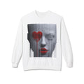 PURETE white unisex crewneck sweatshirt featuring a graphic print of a face with a red heart and red lips