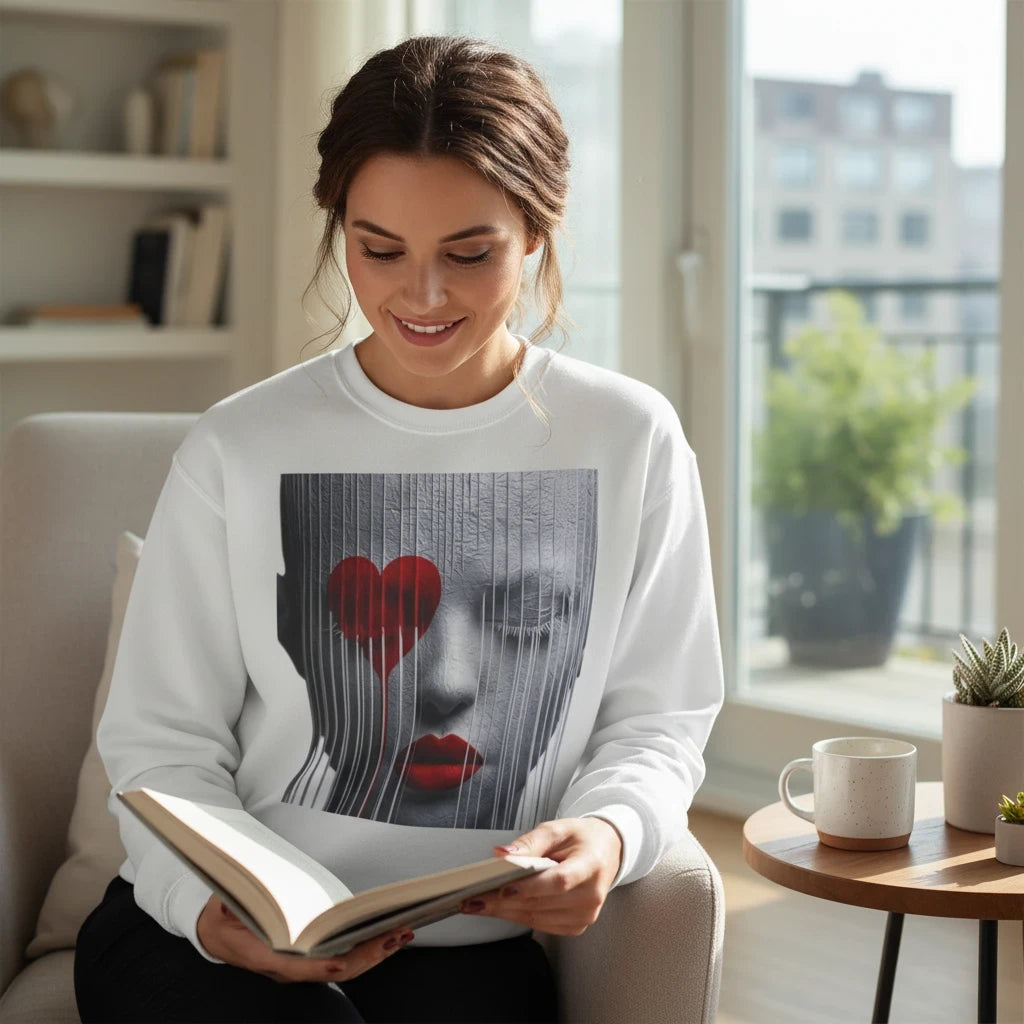 PURETE unisex white crewneck sweatshirt with a graphic print of a face and red heart, worn by a woman reading a book.