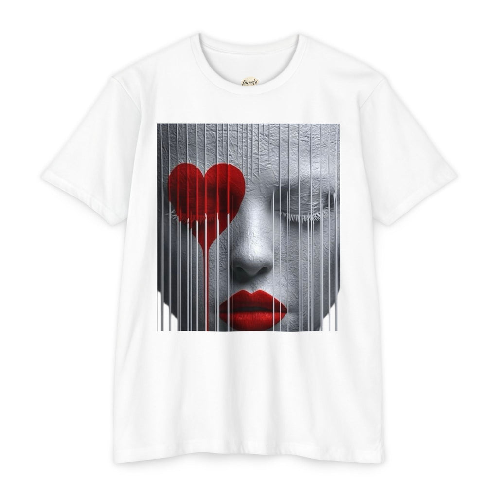 PURETE white unisex CVC jersey t-shirt featuring a graphic print of a face with a dripping red heart and lips