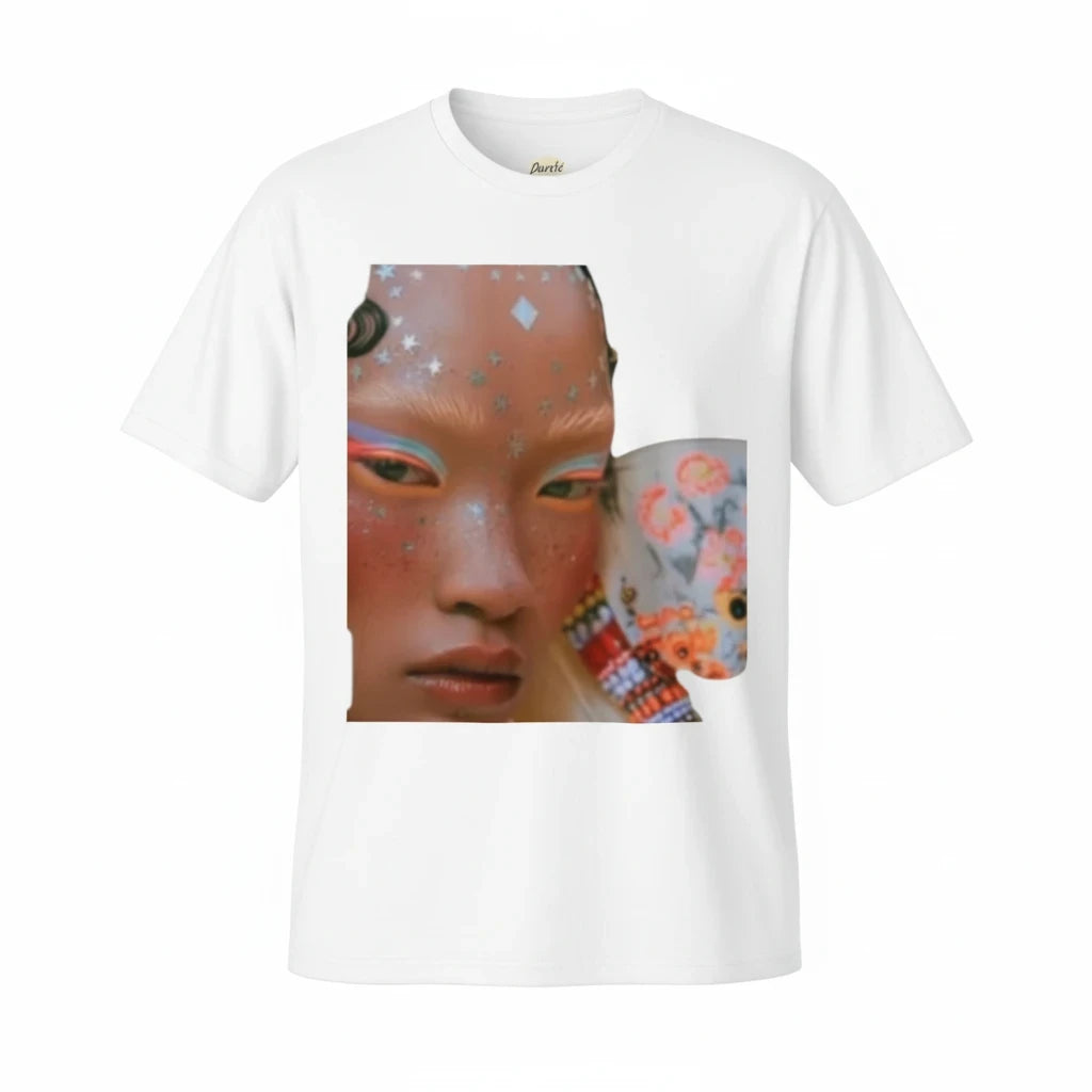 PURETE white unisex CVC jersey t-shirt featuring a vibrant graphic print of a person with artistic face makeup.