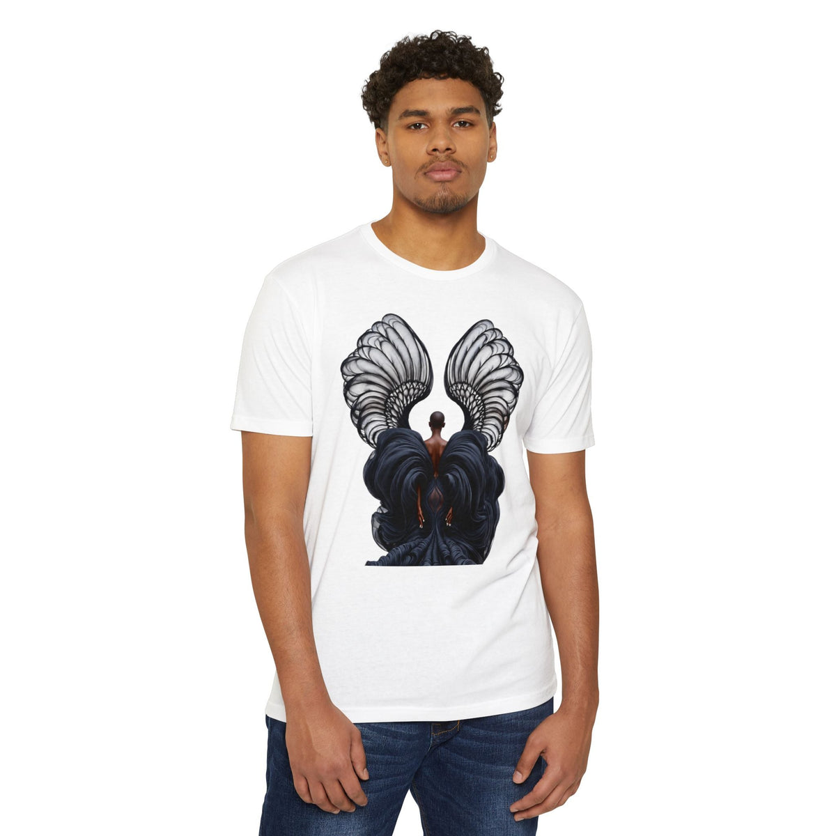 A man wearing a PURETE white cotton-poly blend t-shirt featuring a graphic print of a figure with large black wings.