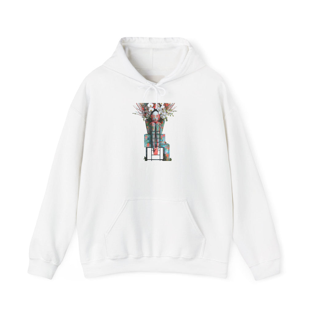 PURETE white pullover hoodie featuring a vibrant surrealist graphic print on the chest, kangaroo pocket, and hood.