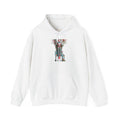 PURETE white pullover hoodie featuring a vibrant surrealist graphic print on the chest, kangaroo pocket, and hood.