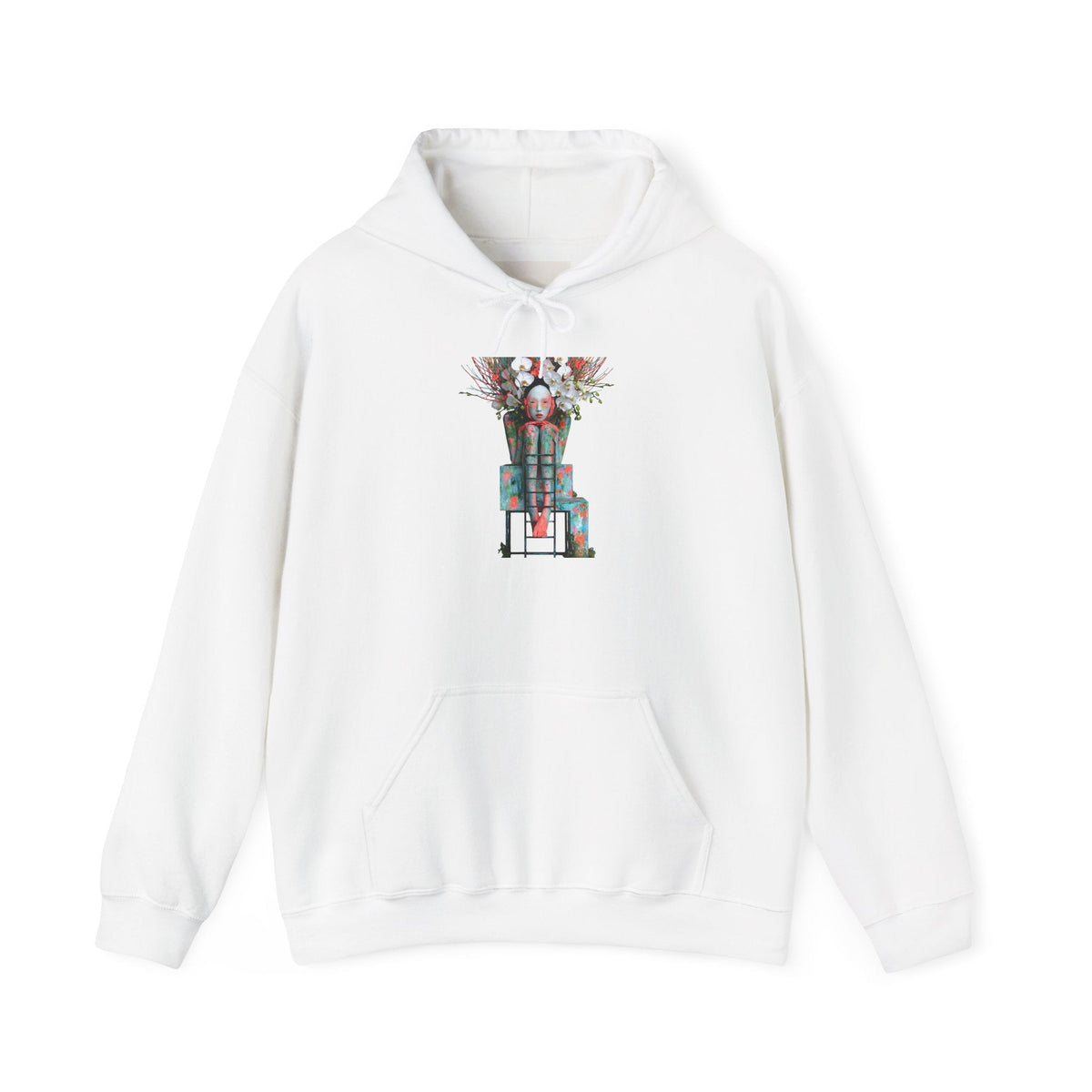 PURETE white pullover hoodie featuring a vibrant surrealist graphic print on the chest, kangaroo pocket, and hood.