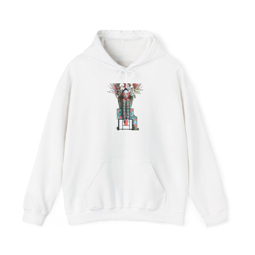 PURETE white pullover hoodie featuring a vibrant surrealist graphic print on the chest, kangaroo pocket, and hood.
