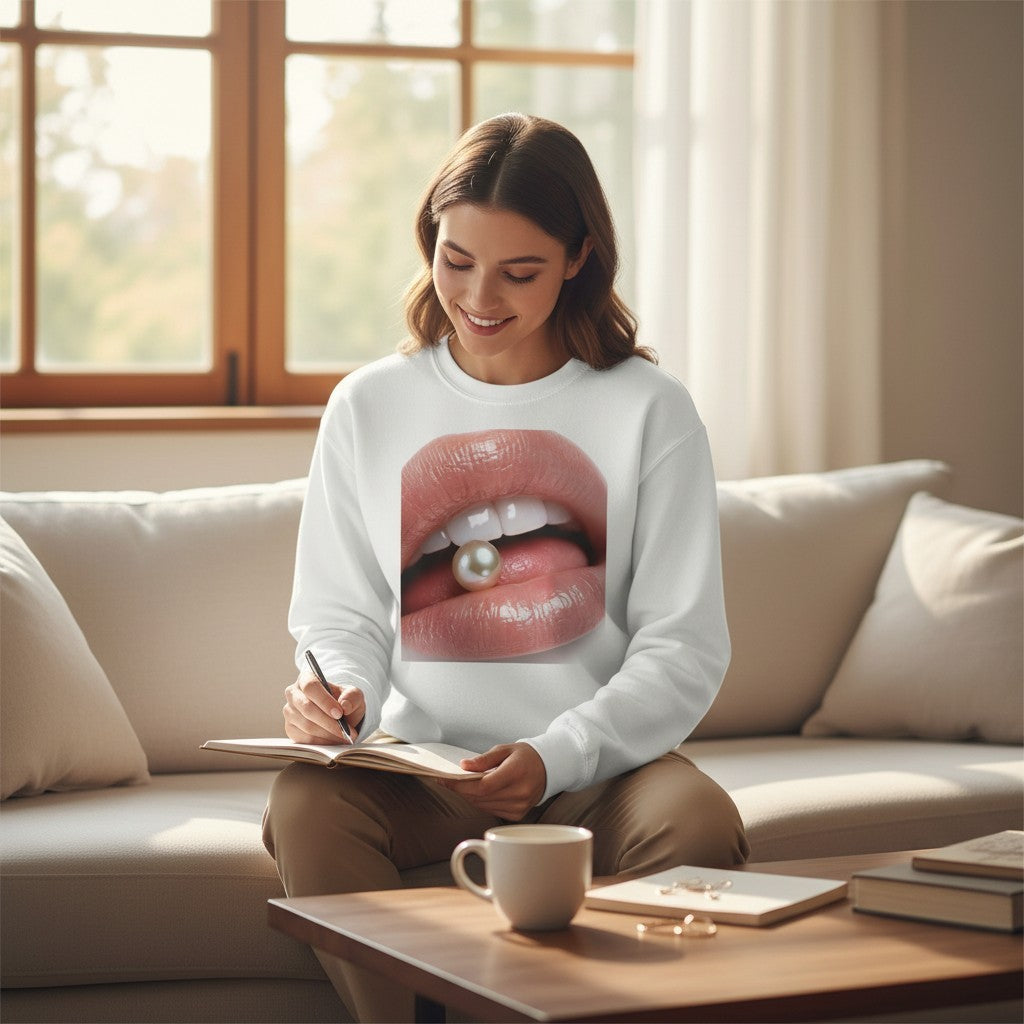 A woman wearing a white PURETE garment-dyed sweatshirt with a graphic of lips holding a pearl, writing in a notebook.