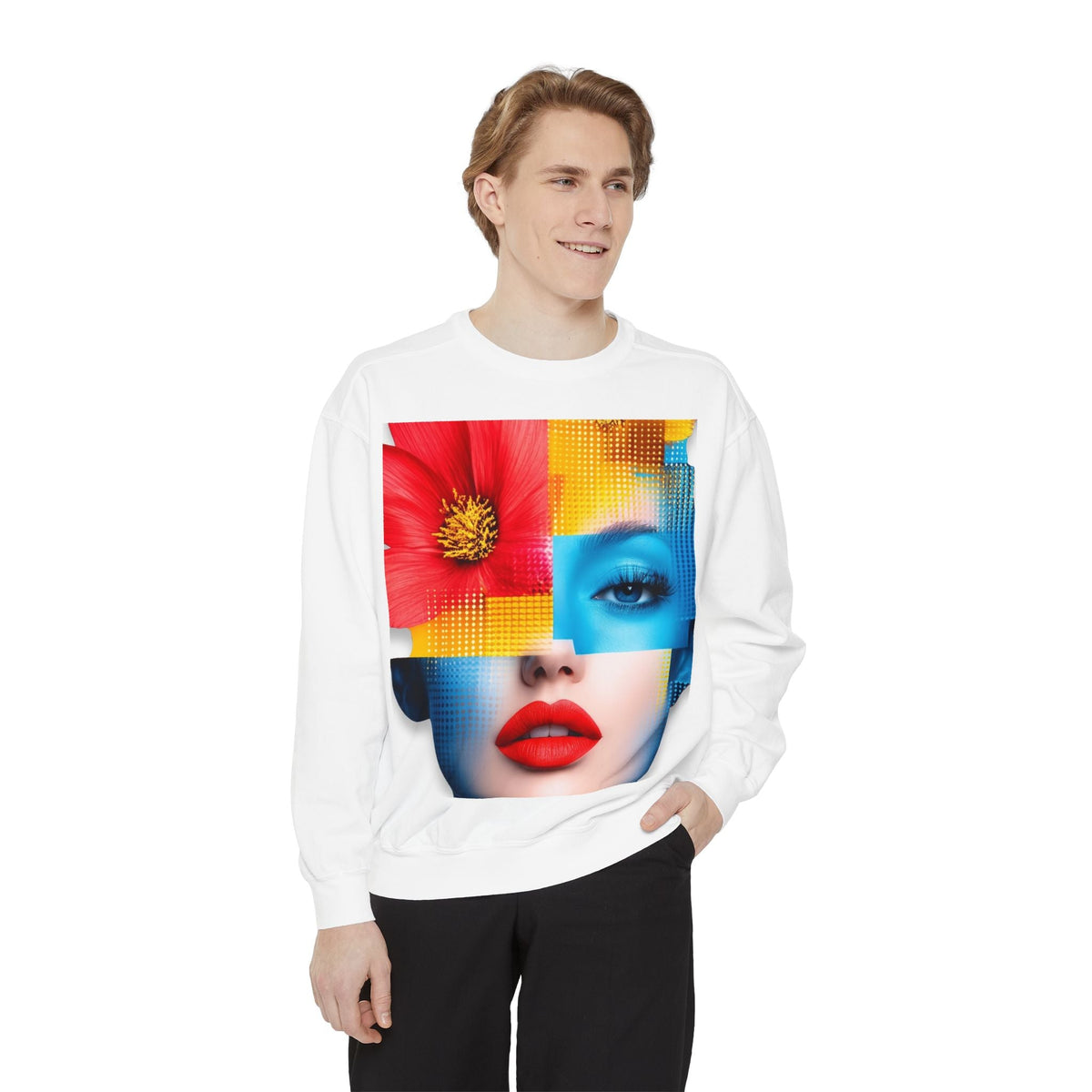 PURETE unisex white crewneck sweatshirt featuring a vibrant pop art face graphic with a red flower on a male model