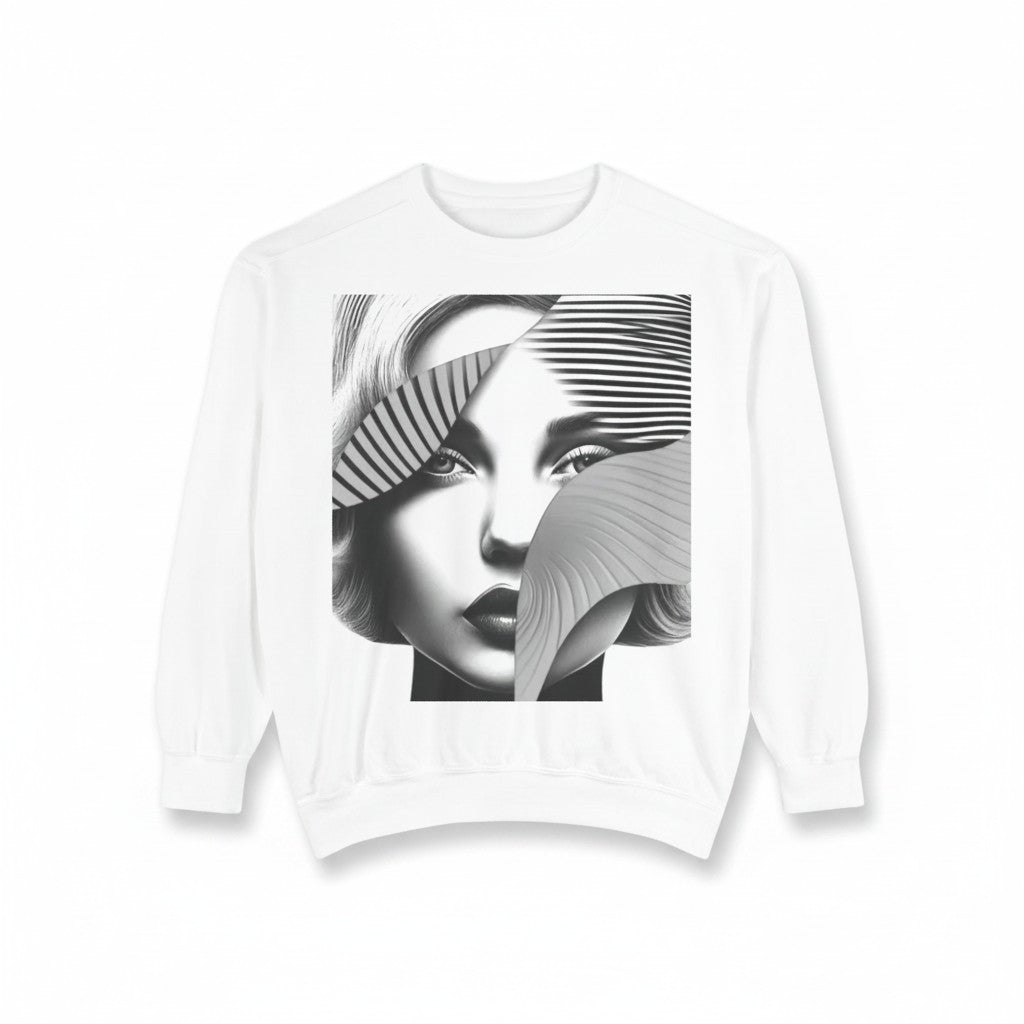 PURETE white crewneck sweatshirt featuring a black and white graphic print of a woman's face with abstract lines.