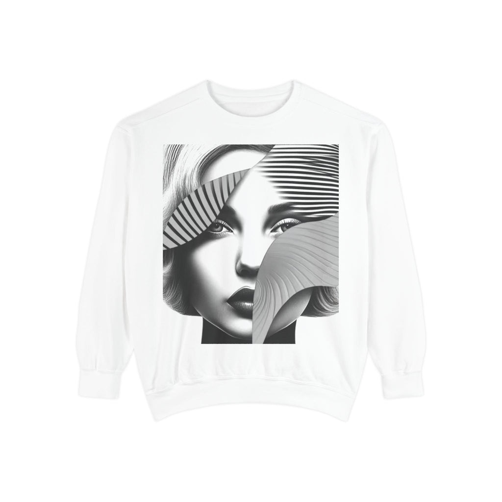 PURETE white unisex crewneck sweatshirt featuring a black and white graphic print of a woman's face with abstract lines