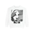PURETE white unisex crewneck sweatshirt featuring a black and white graphic print of a woman's face with abstract lines