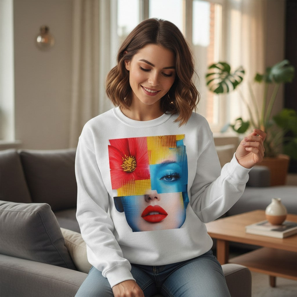 Woman wearing a white PURETE garment-dyed crewneck sweatshirt featuring a colorful abstract face and floral graphic.