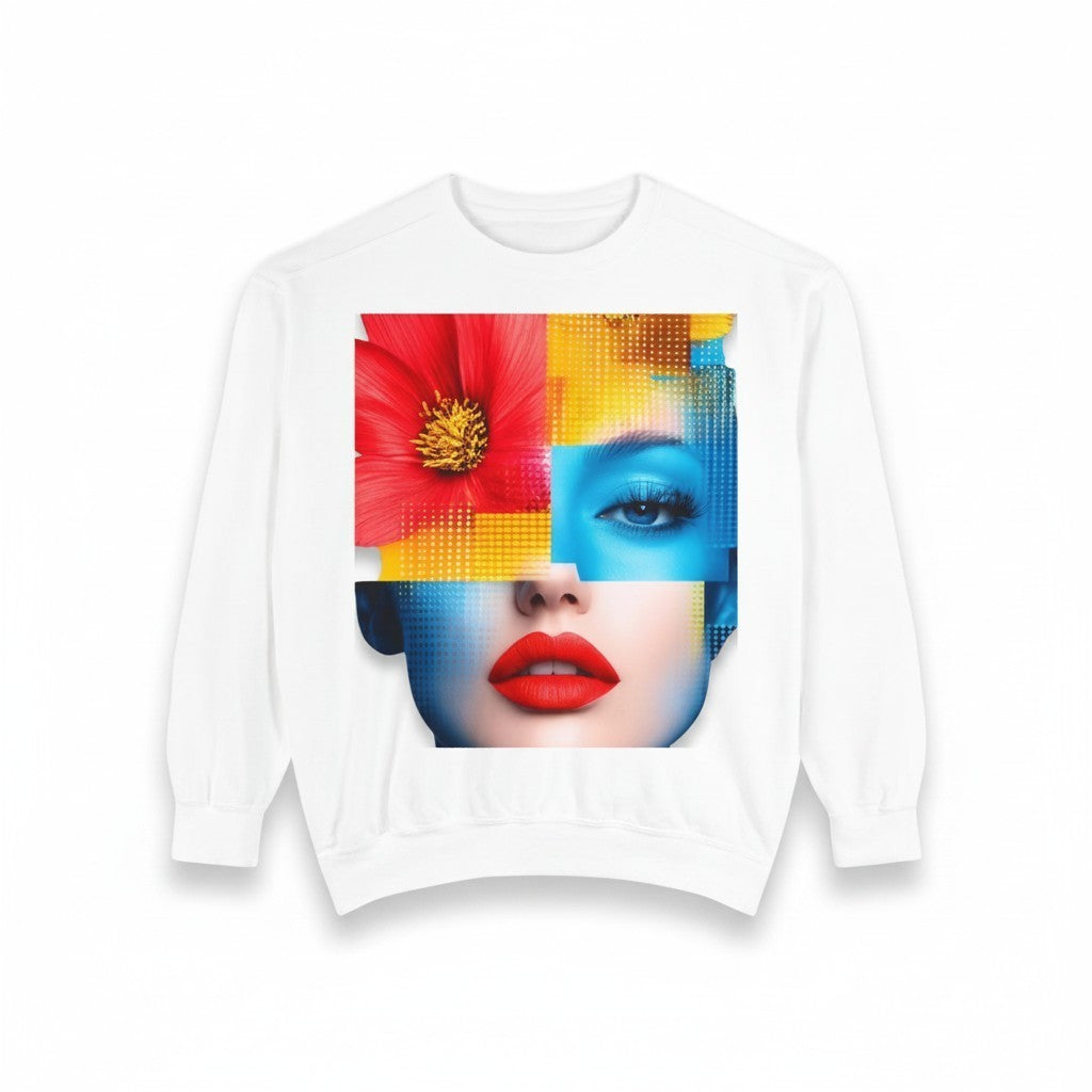 PURETE unisex white crewneck sweatshirt featuring a vibrant pop-art style graphic of a face with a red flower.