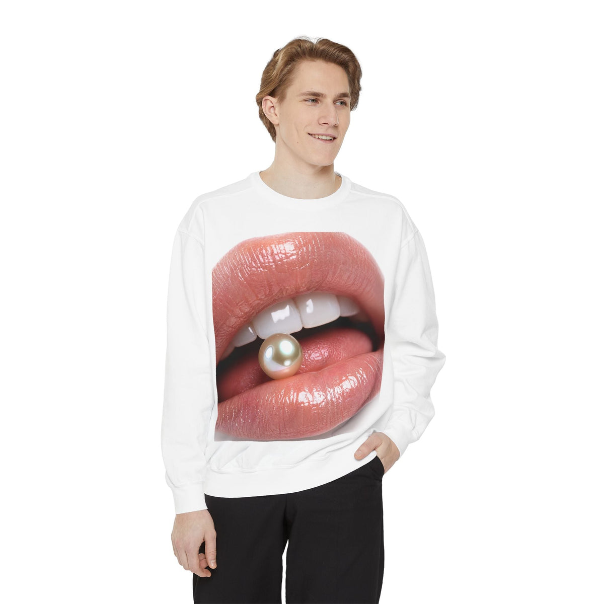 PURETE unisex white crewneck sweatshirt featuring a graphic print of lips holding a pearl on a male model