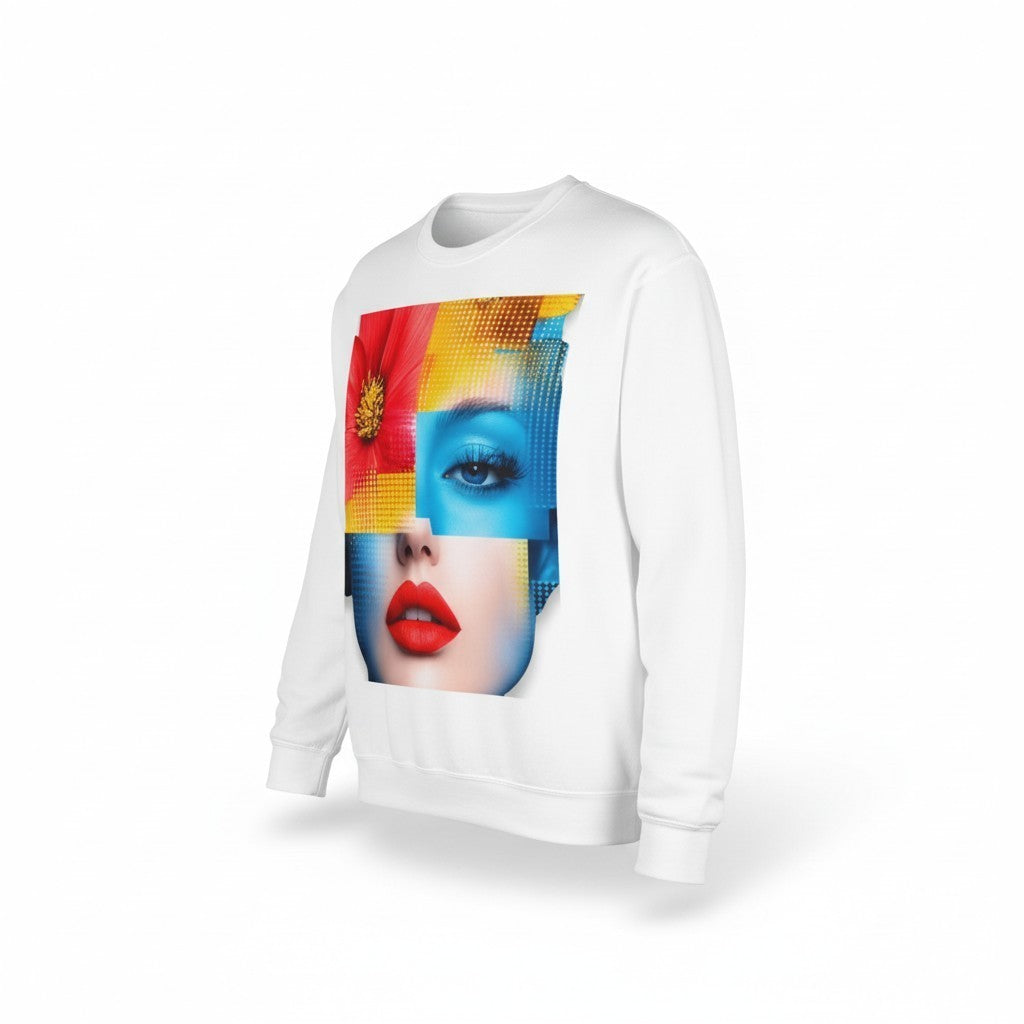 PURETE unisex white crewneck sweatshirt featuring a vibrant pop-art style graphic of a woman's face on the chest.