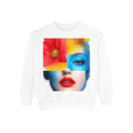 PURETE white crewneck sweatshirt featuring a vibrant pop art graphic of a woman's face with red lips and a flower.
