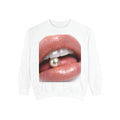 PURETE white crewneck sweatshirt featuring a graphic print of glossy lips holding a pearl in a relaxed cotton blend.