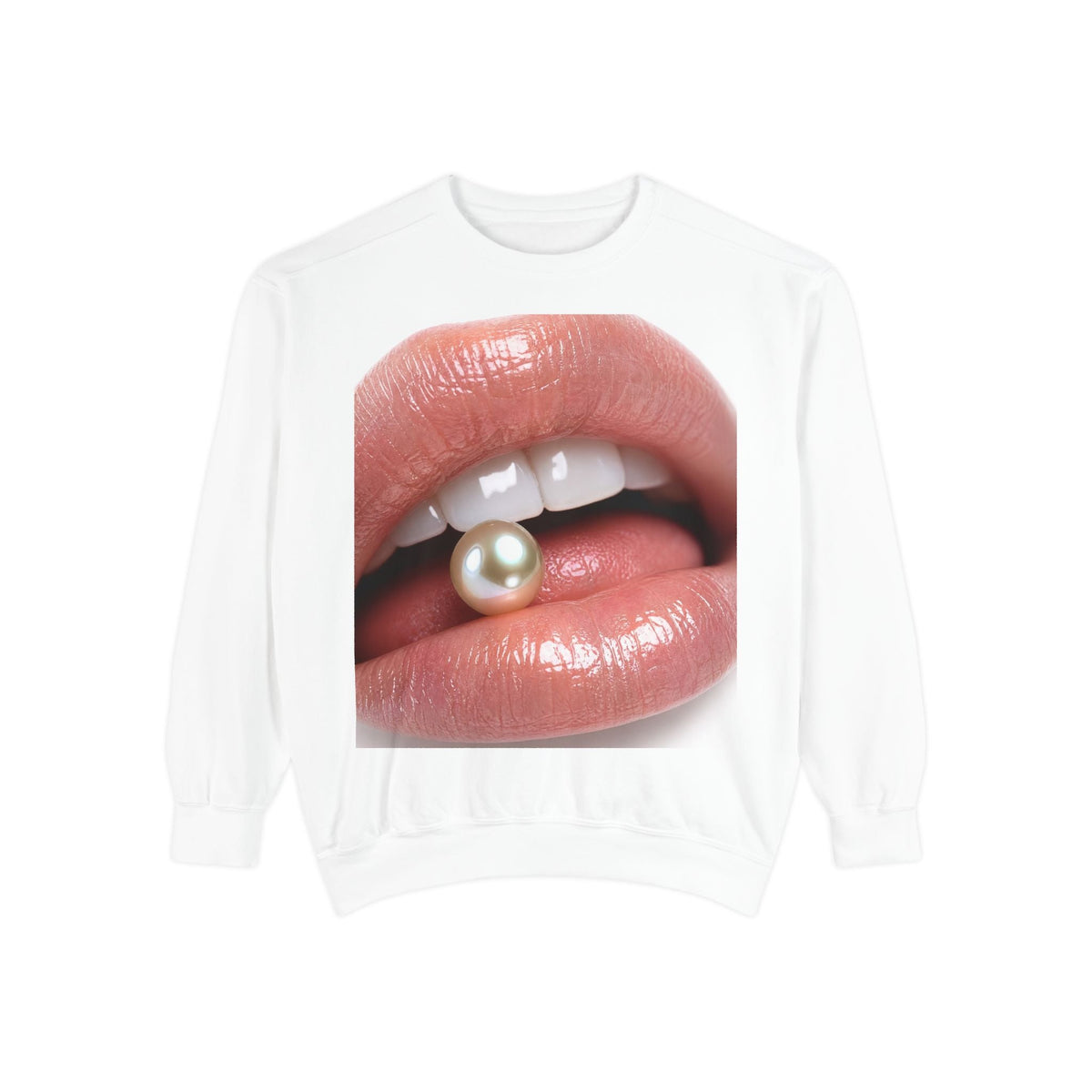 PURETE white crewneck sweatshirt featuring a graphic print of glossy lips holding a pearl in a relaxed cotton blend.