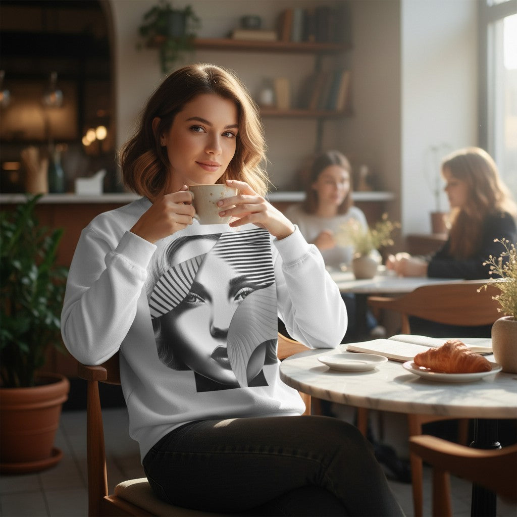 A woman wearing a white PURETE garment-dyed crewneck sweatshirt with a black and white graphic print in a cafe.
