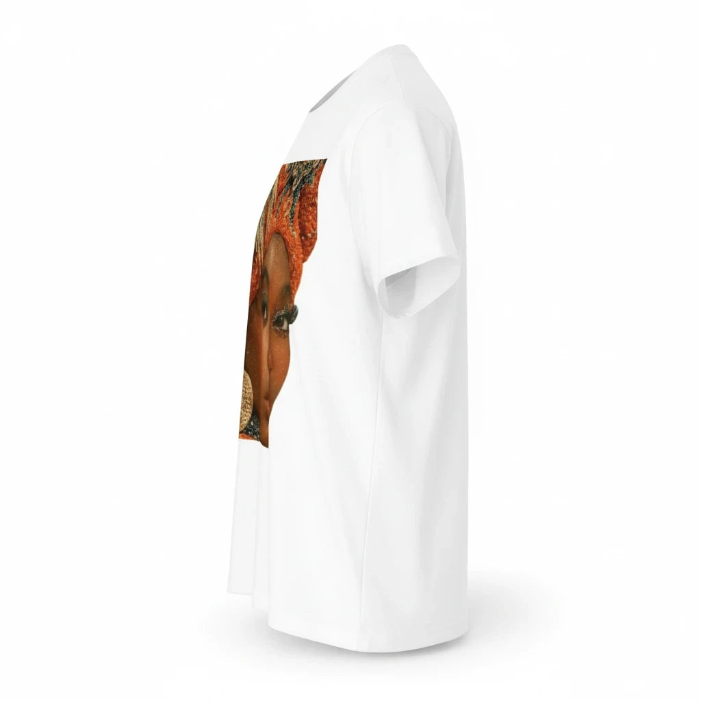 PURETE white unisex CVC jersey t-shirt with a vibrant portrait graphic print on the side, side view