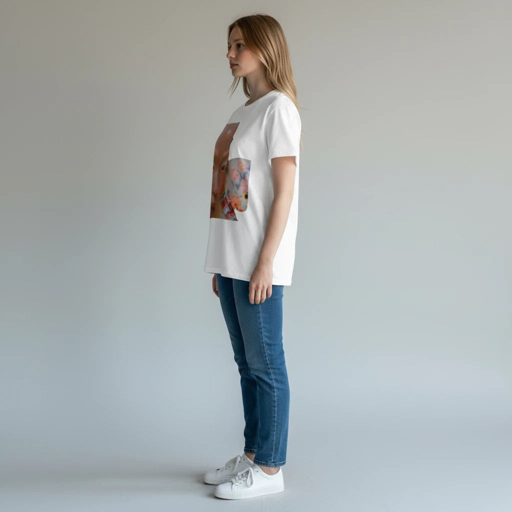 A woman wearing a PURETE white CVC jersey t-shirt with a graphic print, paired with blue jeans and white sneakers.