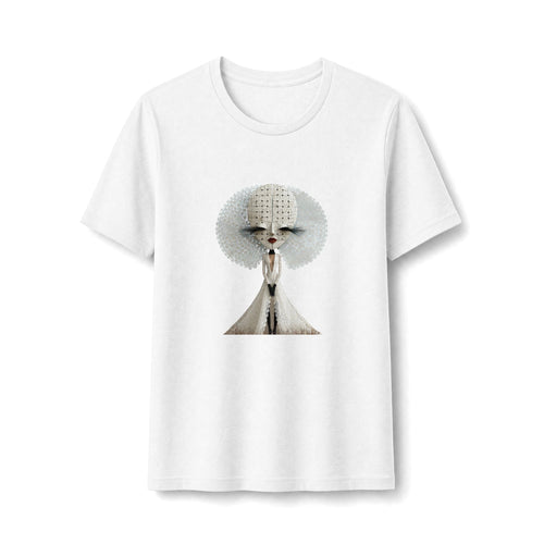 PURETE white fitted t-shirt featuring an ethereal stylized woman graphic with a sculptural white halo design.