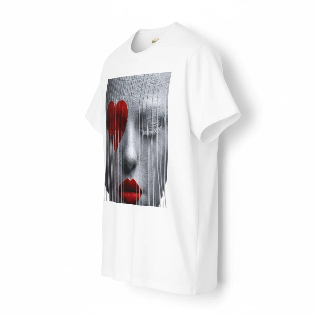 PURETE white unisex CVC jersey t-shirt featuring a graphic print of a face with red lips and a dripping heart eye.