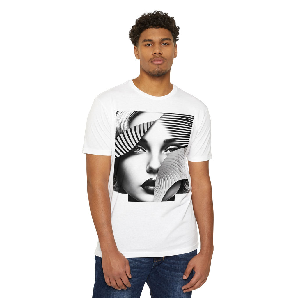 A man wearing a white PURETE unisex CVC jersey t-shirt featuring a black and white graphic print of a woman's face.