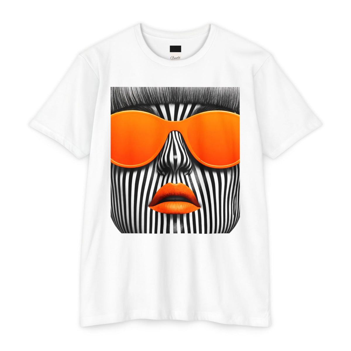 PURETE white unisex CVC jersey t-shirt featuring a graphic print of a face with orange sunglasses and lips.