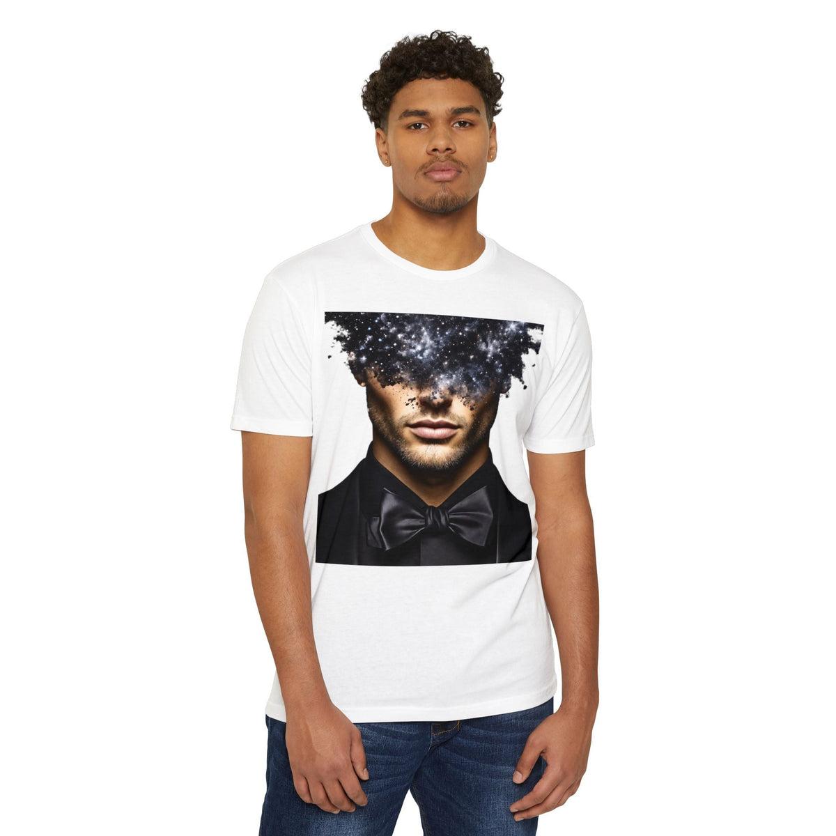 PURETE unisex white CVC jersey t-shirt featuring a graphic print of a man in a tuxedo with a galaxy head