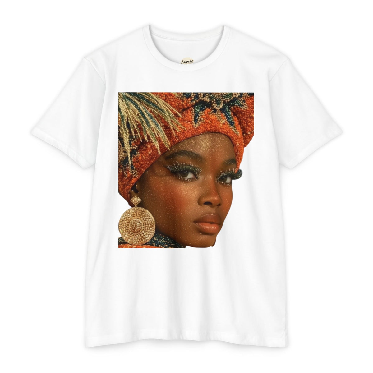 PURETE unisex white CVC jersey t-shirt featuring a vibrant graphic print of a woman in an orange beaded headwrap.