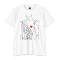 PURETE white unisex CVC jersey t-shirt featuring a black line art illustration of a woman with a red heart detail.