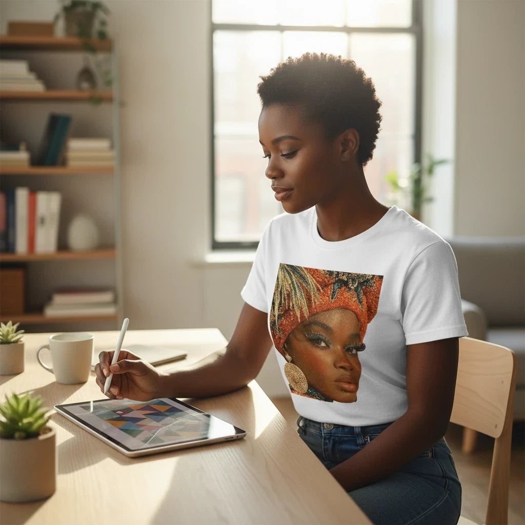 A woman wearing a PURETE white CVC jersey t-shirt with a vibrant portrait graphic, drawing on a tablet at a desk.