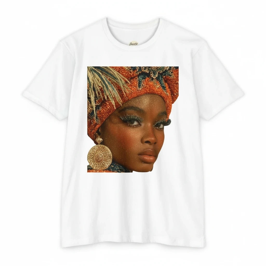 PURETE white unisex CVC jersey t-shirt featuring a vibrant graphic print of a woman in traditional headwear.
