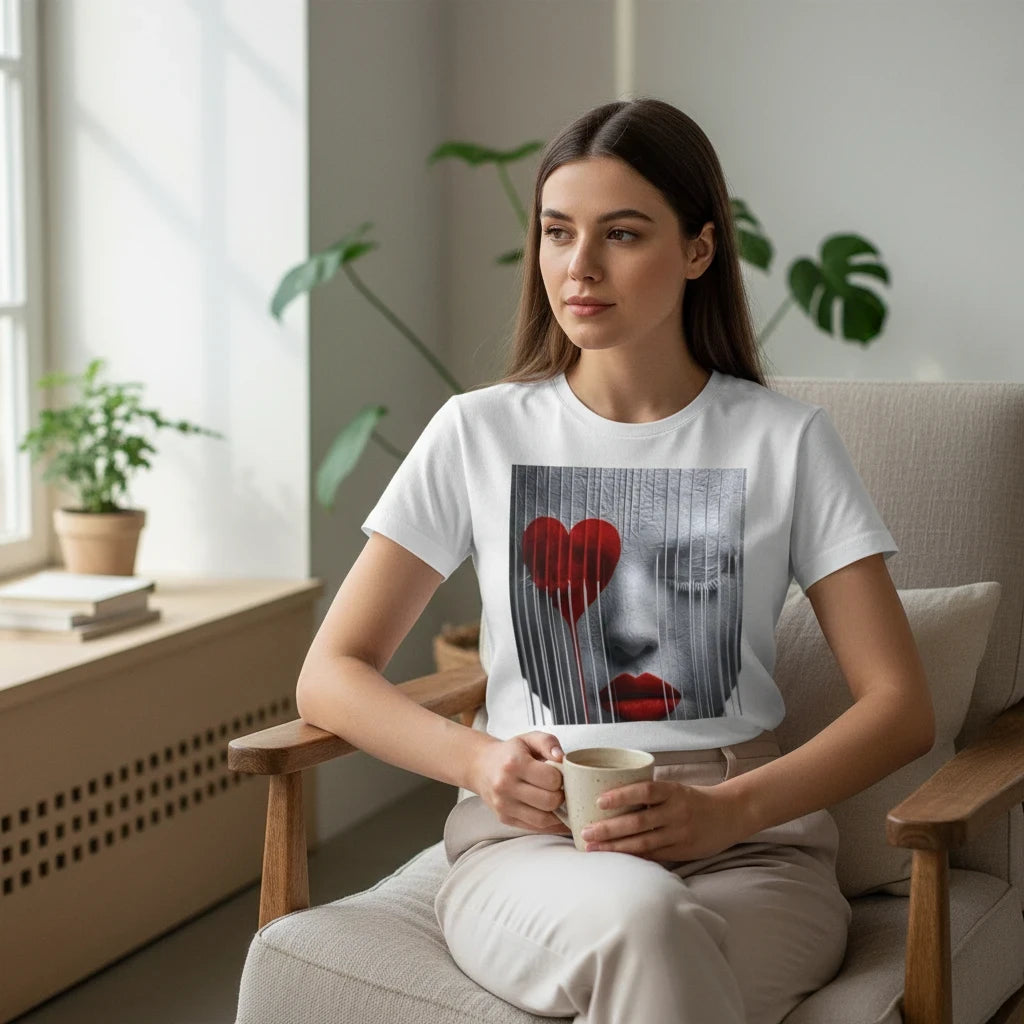 A woman wearing a white PURETE unisex CVC jersey t-shirt with a graphic print of a face and red heart, sitting in a chair.