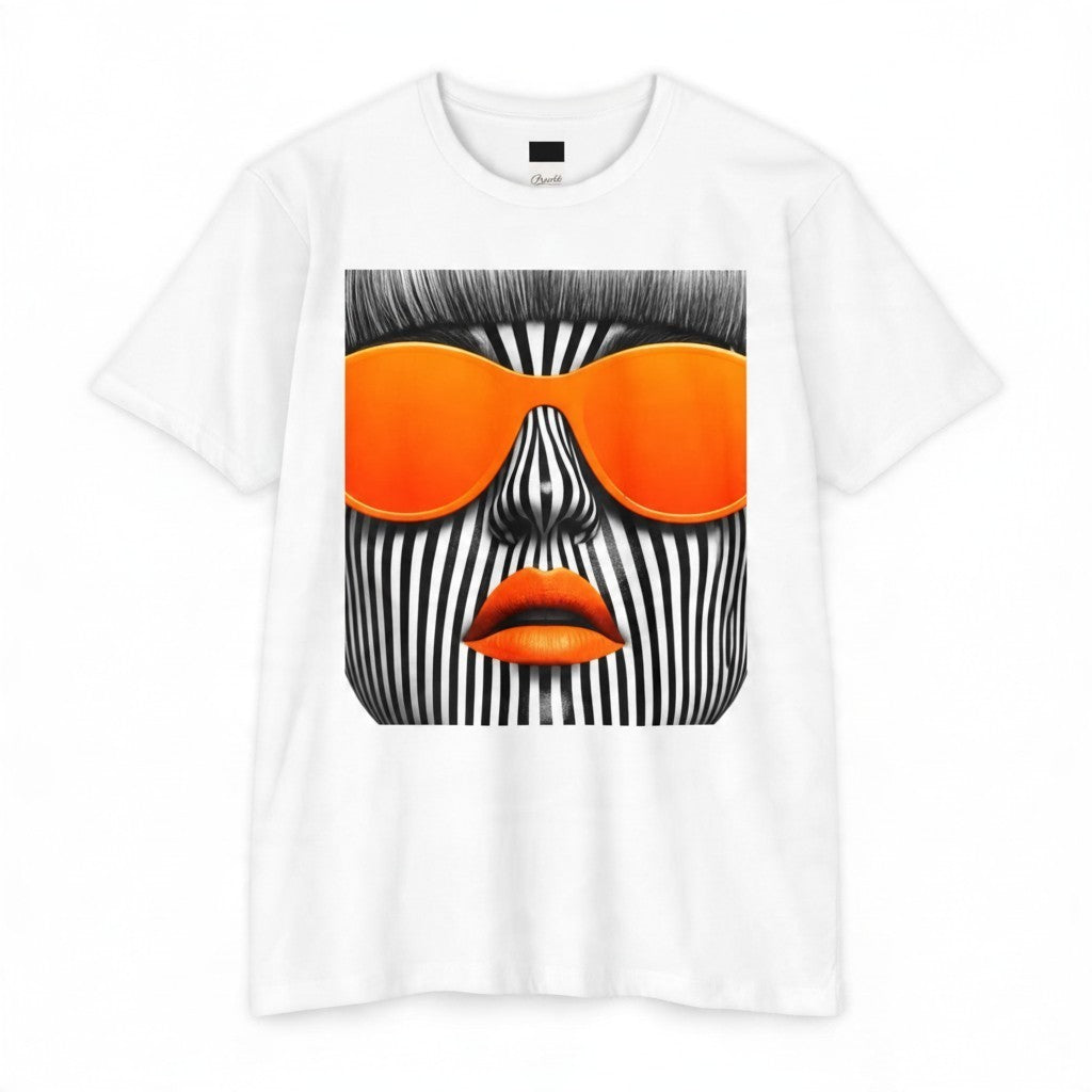PURETE white unisex CVC jersey t-shirt featuring a graphic print of a face with orange sunglasses and striped skin
