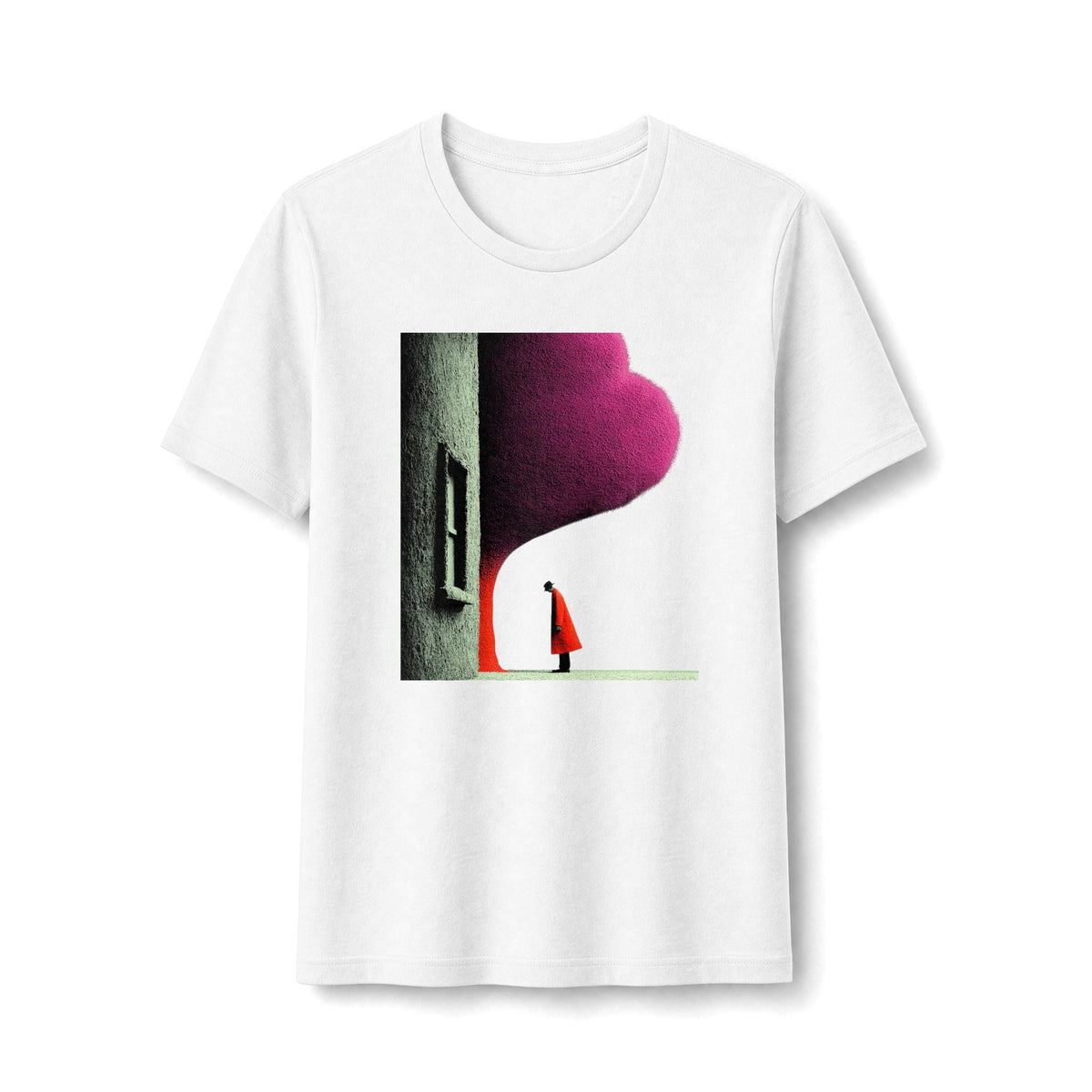 PURETE white graphic tee featuring a minimalist illustration of a figure in a red cloak under a magenta sky.