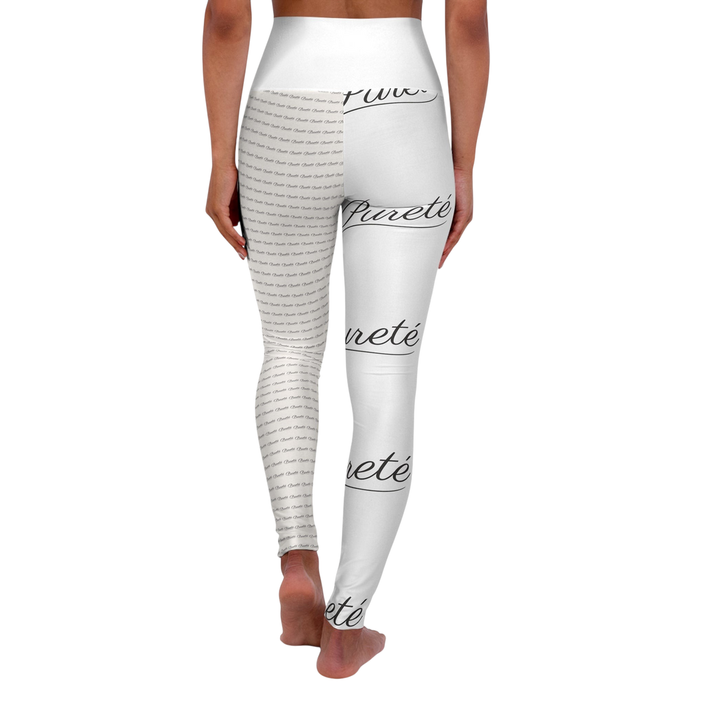 Back view of PURETE high-waisted skinny fit yoga leggings with a white and black all-over brand logo print.