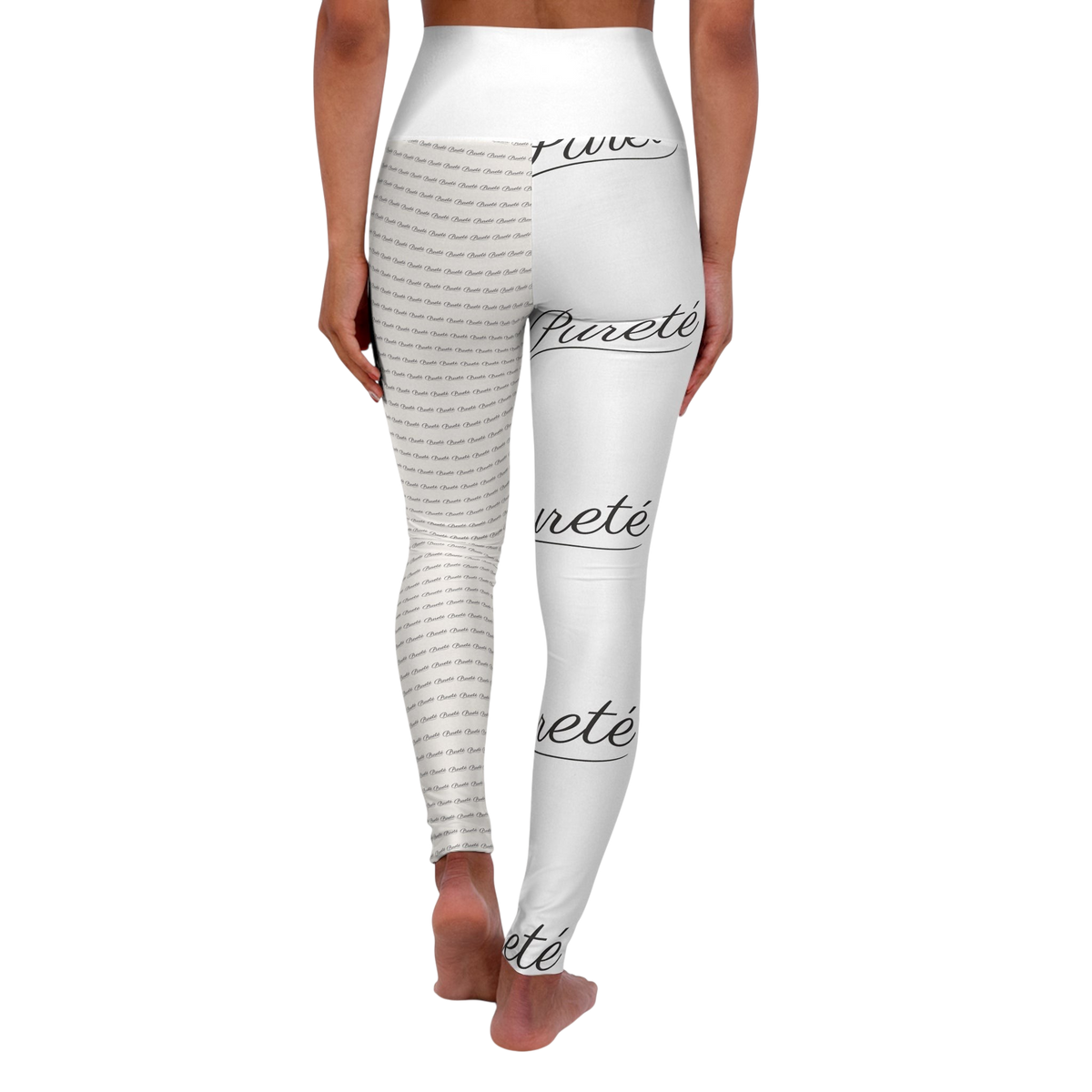 Back view of PURETE high-waisted skinny fit yoga leggings with a white and black all-over brand logo print.