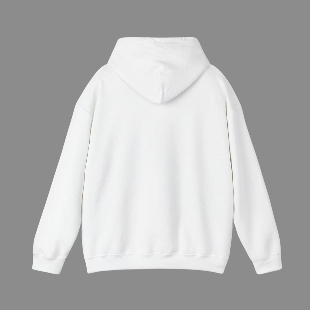 Back view of a PURETE unisex white cotton-poly blend hooded sweatshirt with a double-lined hood and ribbed hem.