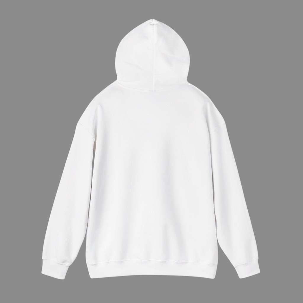 Back view of a plain white PURETE unisex heavy blend hooded sweatshirt with a double-lined hood and ribbed cuffs.