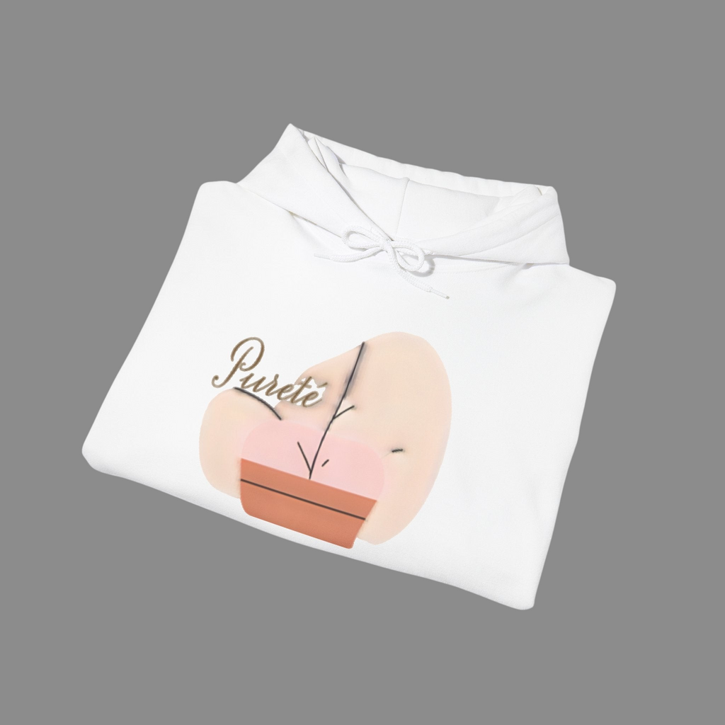 PURETE white unisex hooded sweatshirt with a minimalist abstract graphic design and matching drawcord