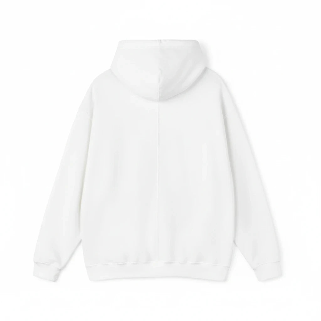 Back view of a plain white PURETE hoodie featuring a double-lined hood and soft cotton-poly blend fabric.