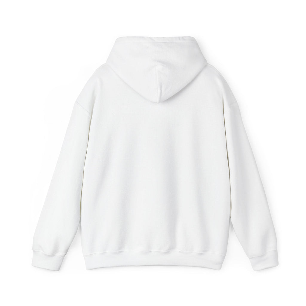Back view of a PURETE classic white hoodie featuring a double-lined hood and soft cotton-polyester blend fabric.